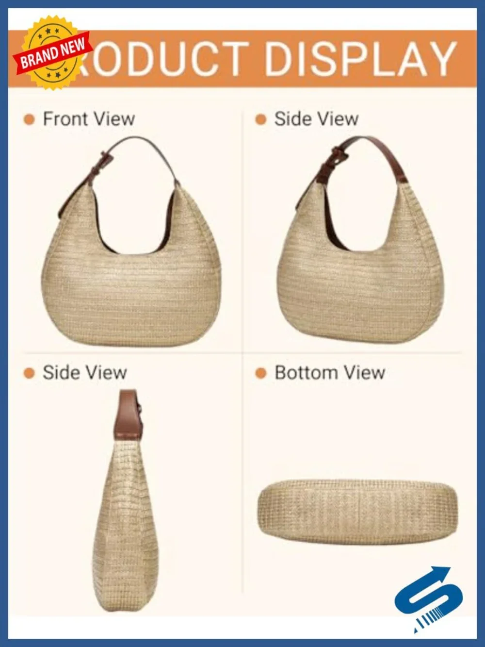 Handwoven Straw Crescent Hobo Bag with Adjustable Strap, Summer Beach Tote
